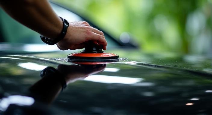 高級車へのワックス施工のクローズアップ